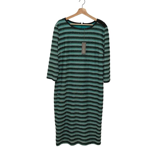 NWT Eva Mendes Green/Black Striped Sequin Shift Midi Dress XXL Womens - Picture 1 of 14